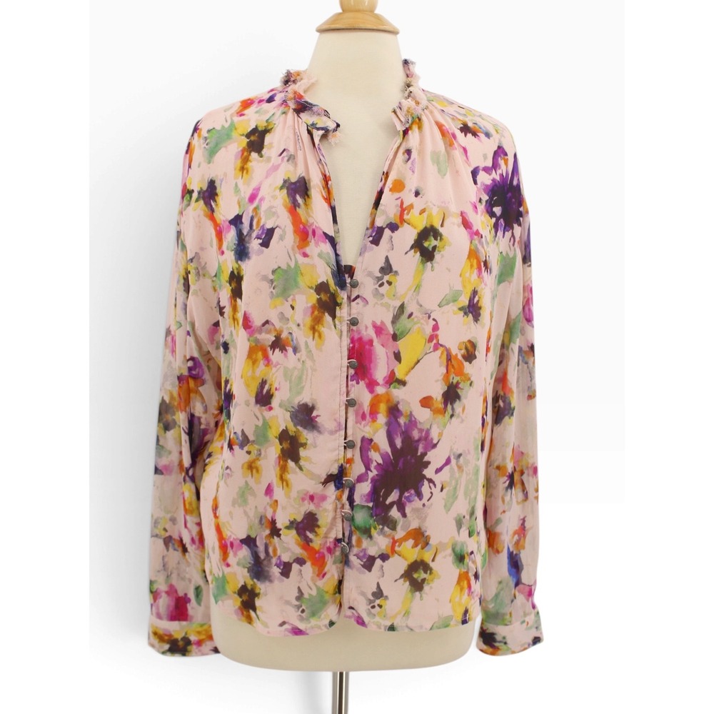 Pilcro The Tavi Blouse womens XL Pink Buttondown Abstract Floral Ruffle V-Neck